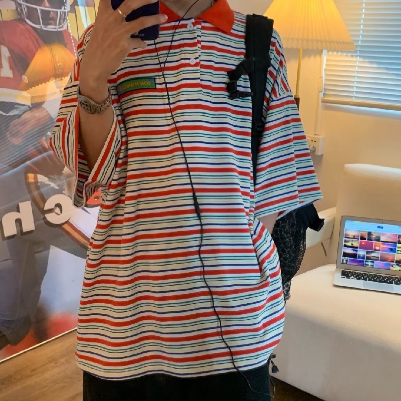 Áo Thun polo Tay Ngắn Dáng Rộng Thoáng Khí In Họa Tiết Kẻ Sọc Phong Cách hip hop Thời Trang Mùa Hè Cho Nam