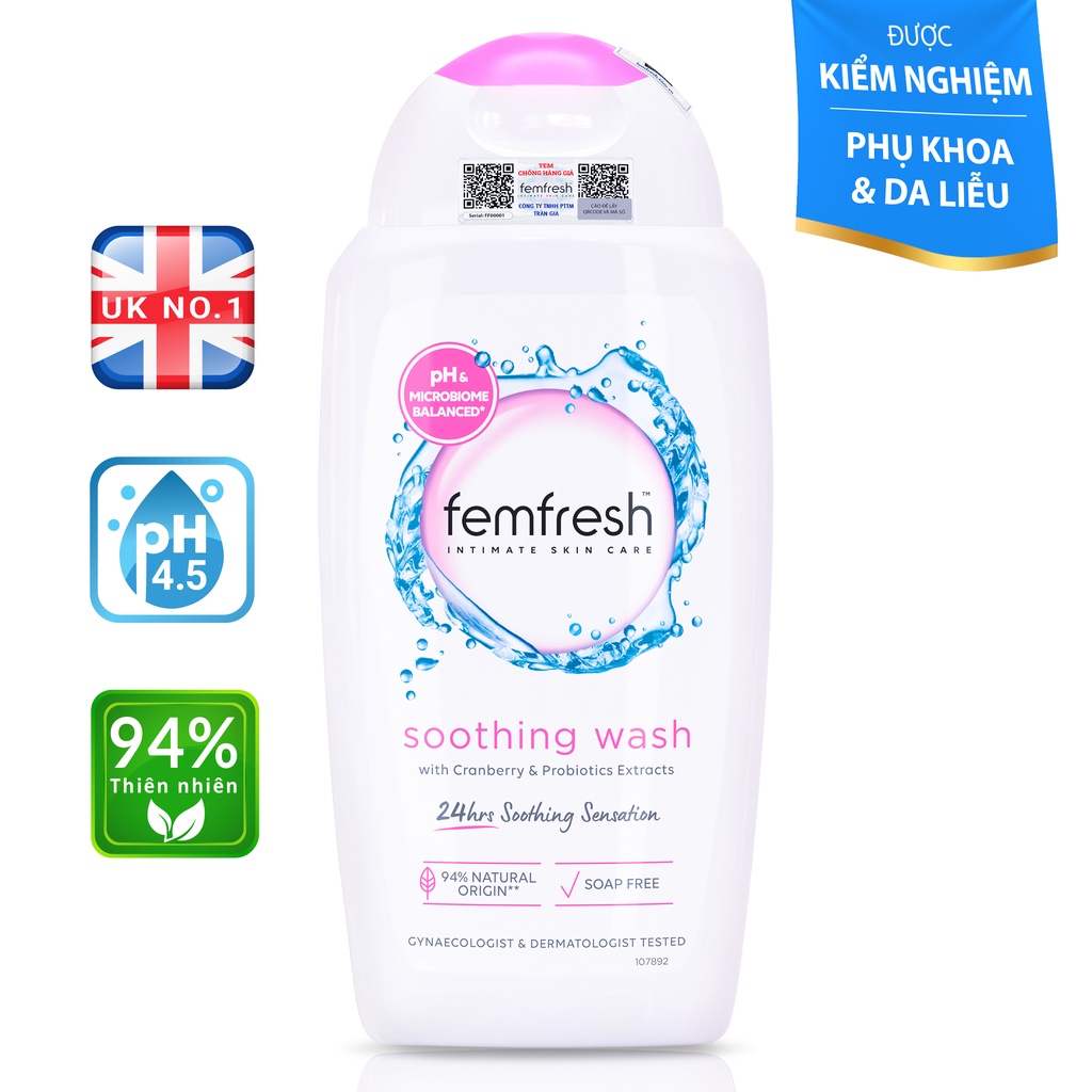 Femfresh Soothing Wash (Màu Hồng) - Dung Dịch Vệ Sinh Phụ Nữ, Bổ Sung Lợi Khuẩn, Dưỡng Ẩm (250ml) [Chính Hãng UK]