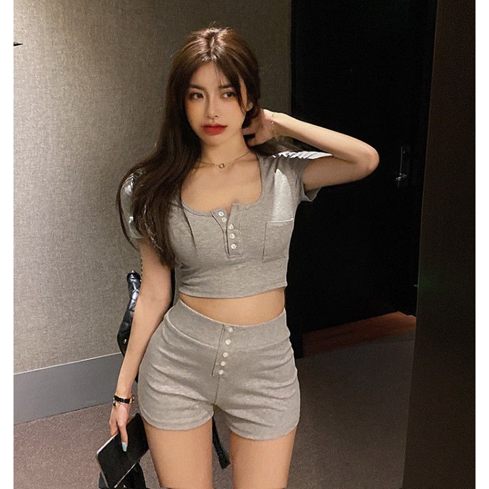 Set Áo Croptop + Quần Short Lưng Cao Năng Động Thời Trang Cho Nữ