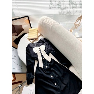 ĐẦM MIDI ĐEN PHỐI NƠ CỔ