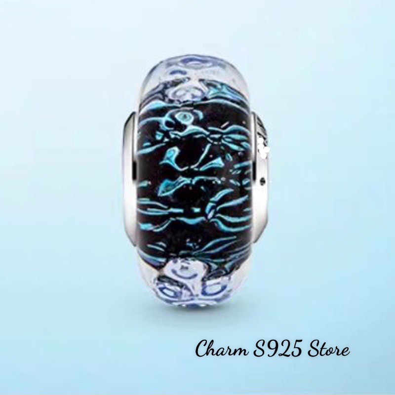 charm pan thuỷ tinh hoa biển xanh bạc s925 cao cấp