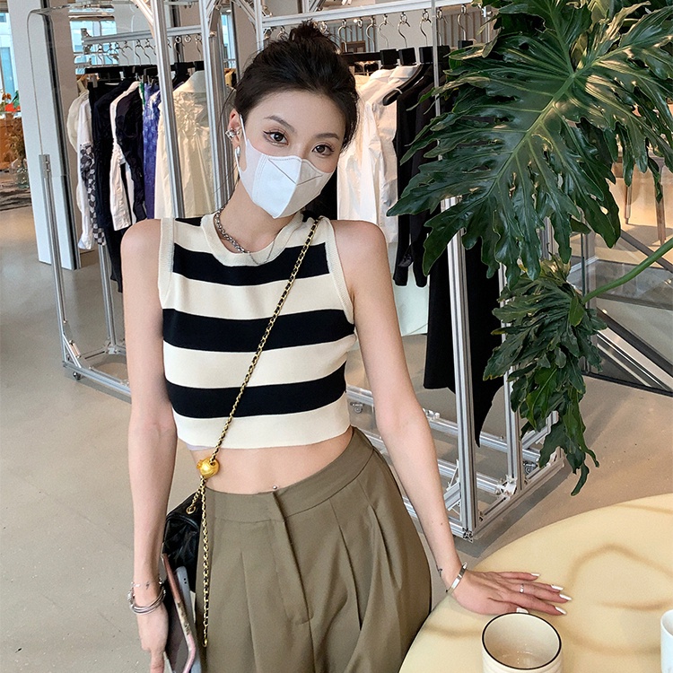 SUXI Áo Dệt Kim Sát Nách Cổ Tròn Dáng Ôm Họa Tiết Kẻ Sọc Thời Trang Mùa Hè Dễ Phối Đồ Cho Nữ