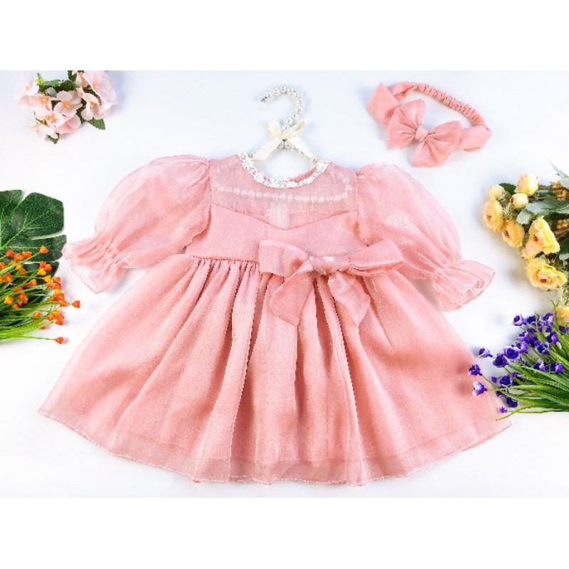 (Ảnh thật)Váy đầm hồng công chúa bông bềnh tặng kèm băng đô xinh xắn cho bé từ 5-7kg 8-10kg 10-13kg