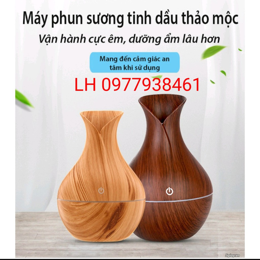 Máy xông tinh dầu phòng ngủ mini có đèn vân gỗ Khuếch tán tinh dầu phun sương tạo ẩm tự động cao cấp 130ml, Cắm Ổ USB