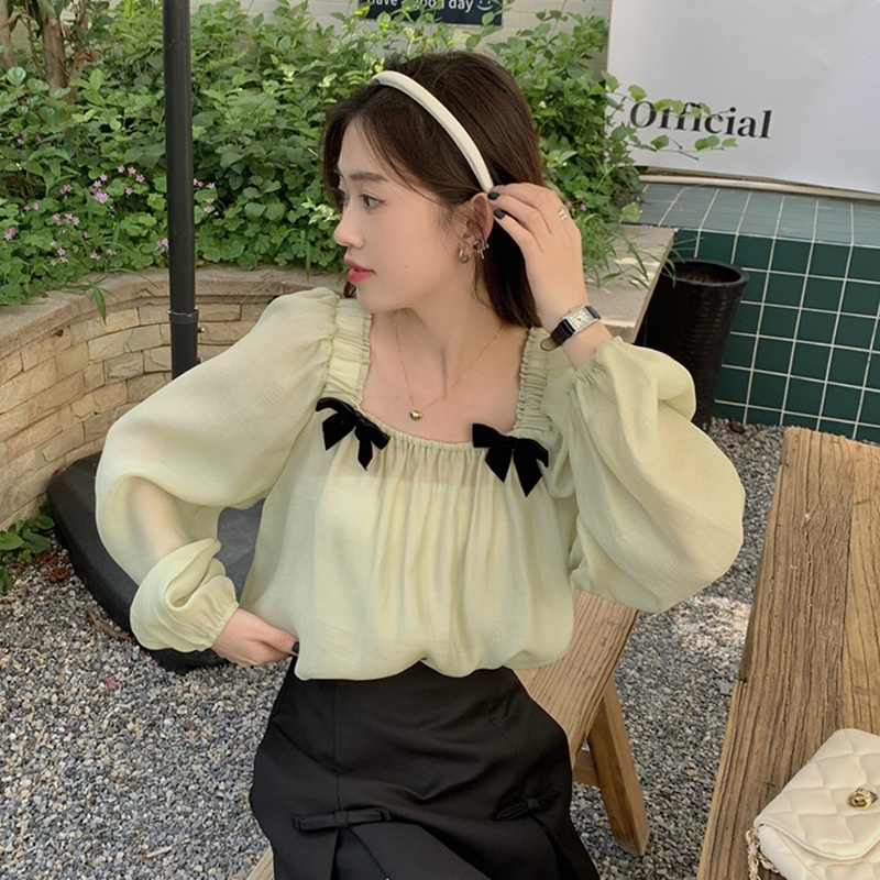 Áo chiffon BH cổ vuông tay dài đính nơ thời trang mùa hè dành cho nữ 2022