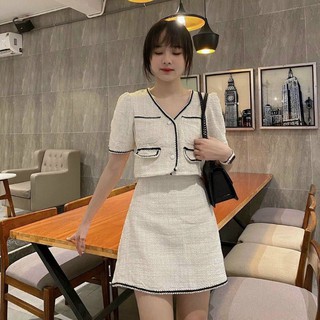 Set croptop dạ 2 túi , chân váy