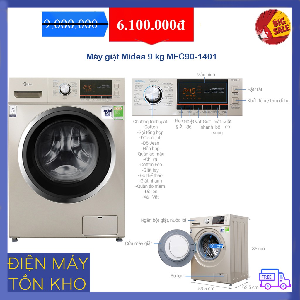 Máy giặt sấy Midea 9 kg MFC90-1401