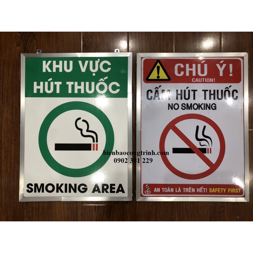 Biển báo khu vực hút thuốc, cấm hút thuốc kích thước 30 x 40cm khung sắt viền nhôm
