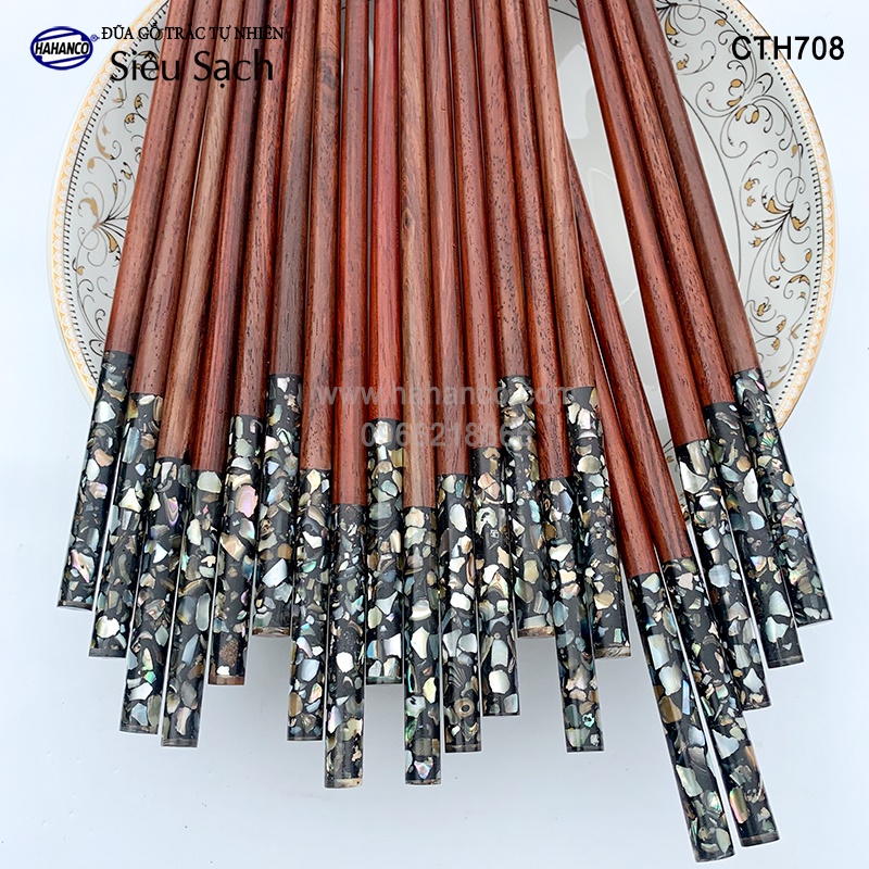 Đũa Gỗ Trắc Đầu Khảm Ốc Bào Ngư Úc HAHANCO (Hộp 10 Đôi) Chống Nấm Mốc - CTH708