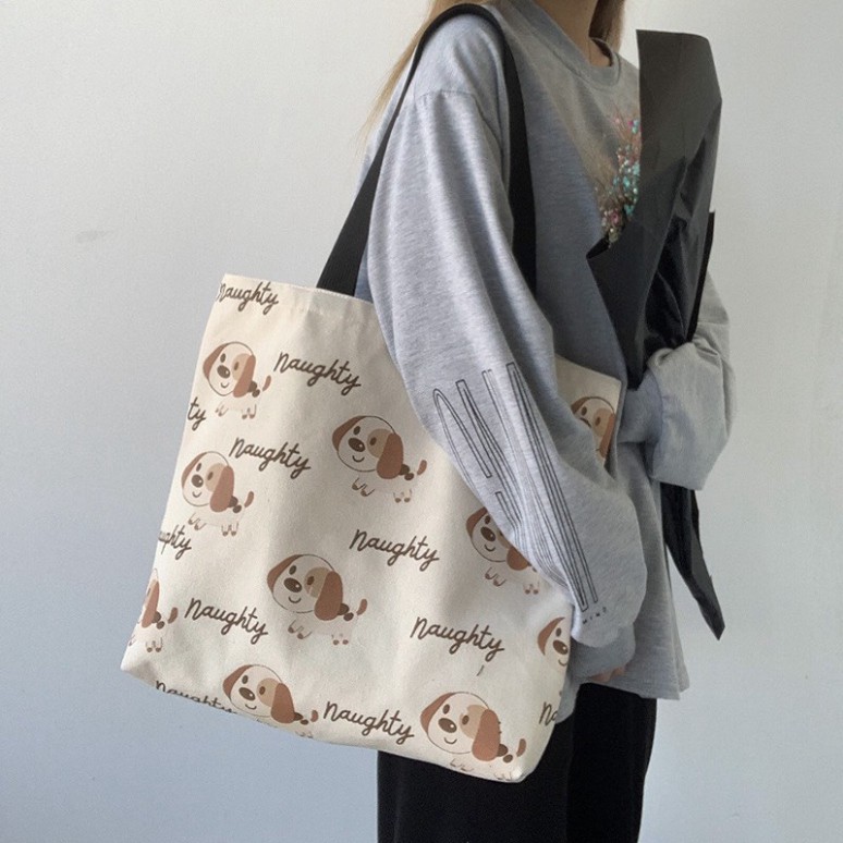 Túi tote vải canvas cao cấp đeo vai Cún Con Naughty khổ vuông cute