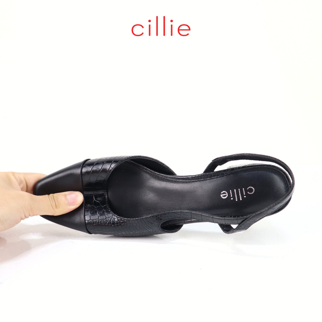 Giày sandal cao gót nữ mũi vuông phối vân sang trọng hở hậu gót trụ cao 5cm Cillie 1217