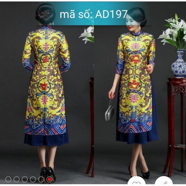 Set Áo Dài Cách Tân CỔ TRỤ HỌA TIẾT THỔ CẨM nền vàng kèm váy