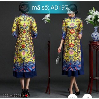 Set Áo Dài Cách Tân CỔ TRỤ HỌA TIẾT THỔ CẨM nền vàng kèm váy