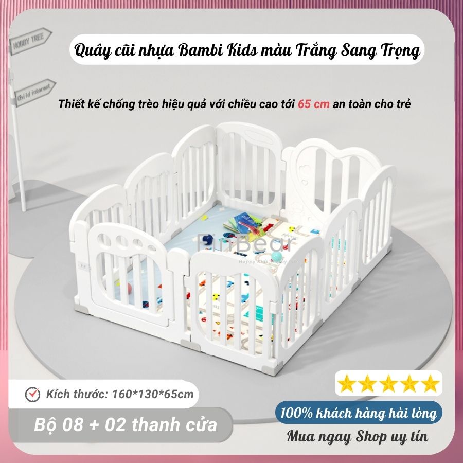 Quây cũi nhựa Bambi Kids màu Trắng nhiều kích thước, Cũi nhựa nguyên sinh cao 65cm an toàn cho bé FINBEAR