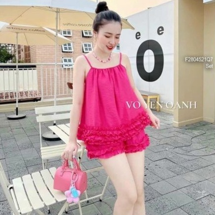 Sét bộ ngủ áo Yếm quần bèo vải Đũi Nhăn Cao cấp