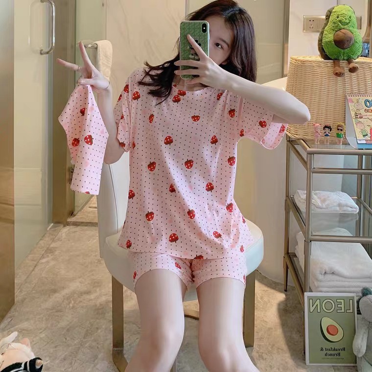 ❤ Xưởng May Giá Gốc ✨  Bộ Ngủ Cộc Tay Hình Quả Đào - Bộ Mặc Nhà Chấm Bi Trái Dâu Ulzzang