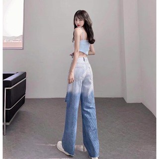 QUẦN JEAN ỐNG RỘNG NỮ LOANG MÀU XANH ĐẬM RÁCH 2 VẠT 1 SỌC LƯNG SIÊU CAO FORM SIÊU ĐẸP VẢI MỀM