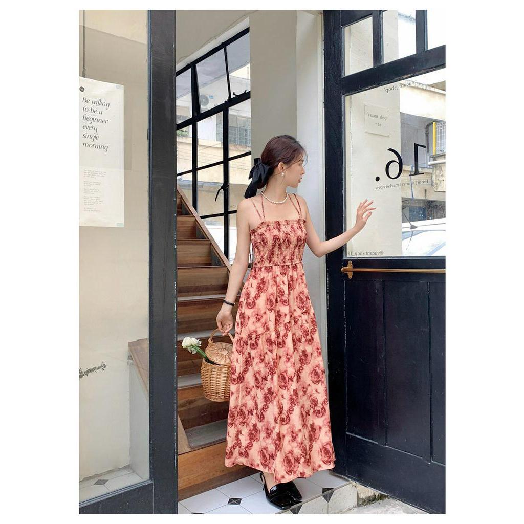 Đầm Hai Dây Cột Dây Eo Cao In Họa Tiết Hoa Hồng Phong Cách Pháp Cổ Điển Thời Trang Mùa Hè Kiểu Mới 62