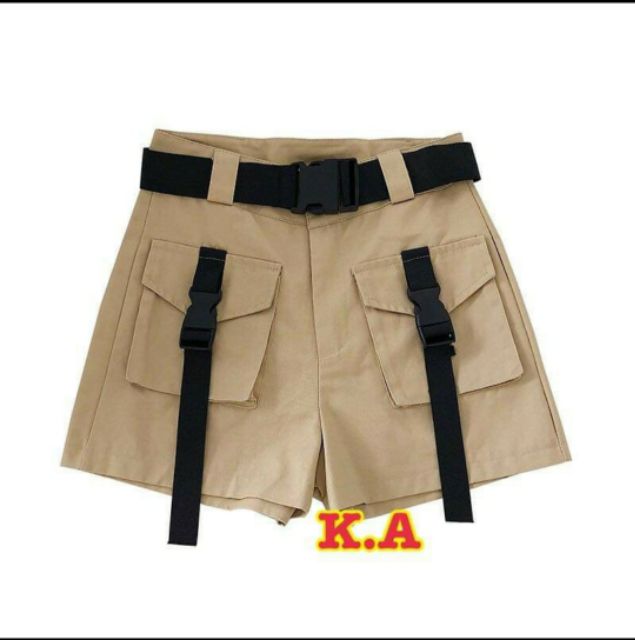 Quần short nữ kaki nữ túi hộp có dây cá tính