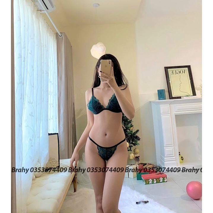 Đồ lót nữ bralette vải ren cao cấp màu xanh rêu có mút gồm áo + quần BRAHY 027