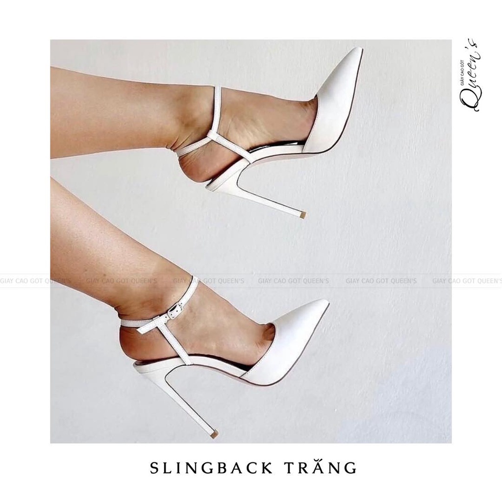 Giày Cao Gót Nữ Slingback Màu Trắng Da Bóng Quai Sau Mũi Nhọn Gót Nhọn Thời Trang Cho Nữ Dự Tiệc Cưới Cao 9-11 Phân