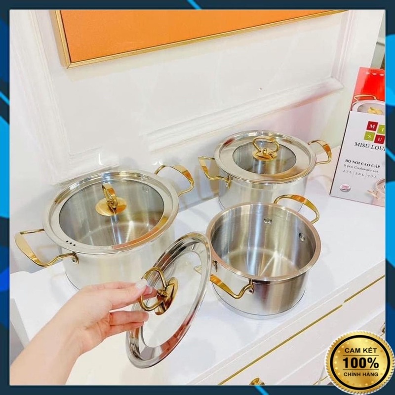 [Mã LIFEHLSALE1 giảm 10% đơn 150K] Bộ Nồi 3 Món Inox Cao Cấp MISU LOUIS Đáy Liền Nguyên Khối 3 Đáy, Sử Dụng Mọi Loại Bếp