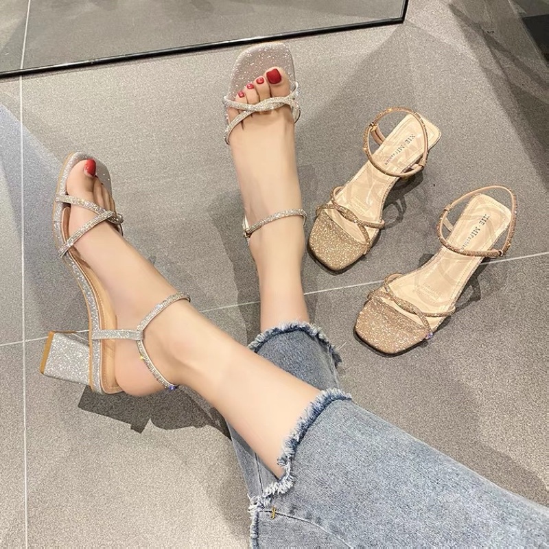 Giày sandal đế vuông ánh kim dây xoắn mẫu hot 2021
