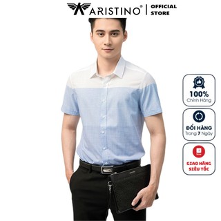 Áo Sơ Mi Nam Ngắn Tay ARISTINO ASS121S1 Somi Công Sở Cao Cấp Màu Trắng Kẻ Xanh Chất Polyester Mềm Mát Dáng Ôm Tà Lượn