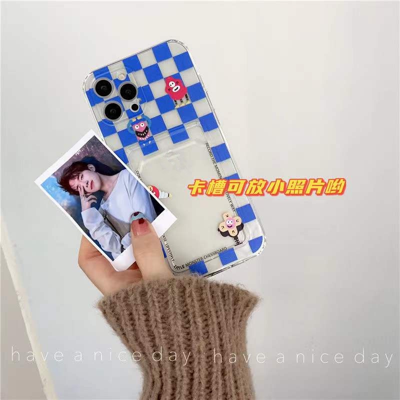 Ốp Điện Thoại Dẻo Trong Suốt Họa Tiết Bàn Cờ Kèm Ngăn Đựng Thẻ Cho iPhone 13 11 12 Pro Max X XS XR 7 8 Plus SE 2020