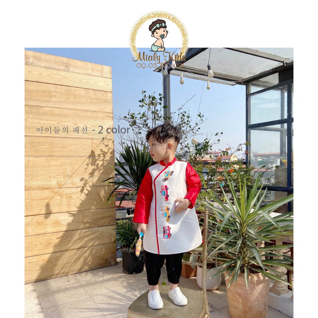 Set áo dài họa tiết ô tô Mialy Kids dành cho bé trai (17-20kg) - thiết kế xẻ tà, chất liệu mềm mượt đi kèm quần lụa bóng