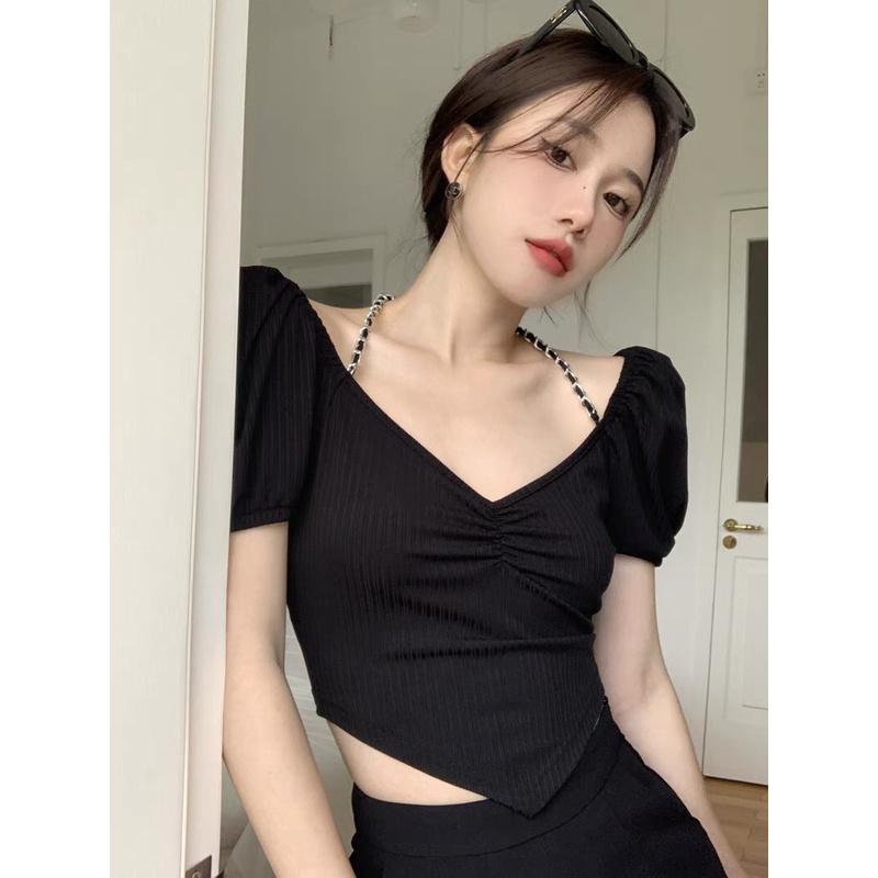 Áo croptop dây xích hở lưng tay ngắn nhún ngực, áo thun nữ ôm body sexy