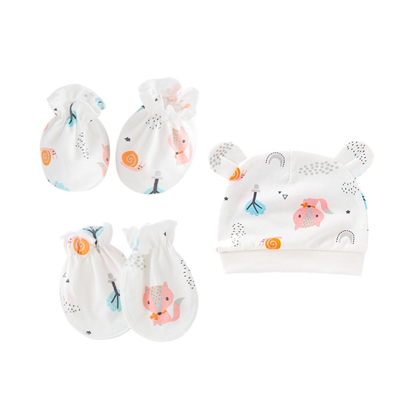 Bộ 3 Găng Tay + Mũ + Găng Tay Chống Cào Xước Xinh Xắn Cho Bé 0-3 Tháng Tuổi