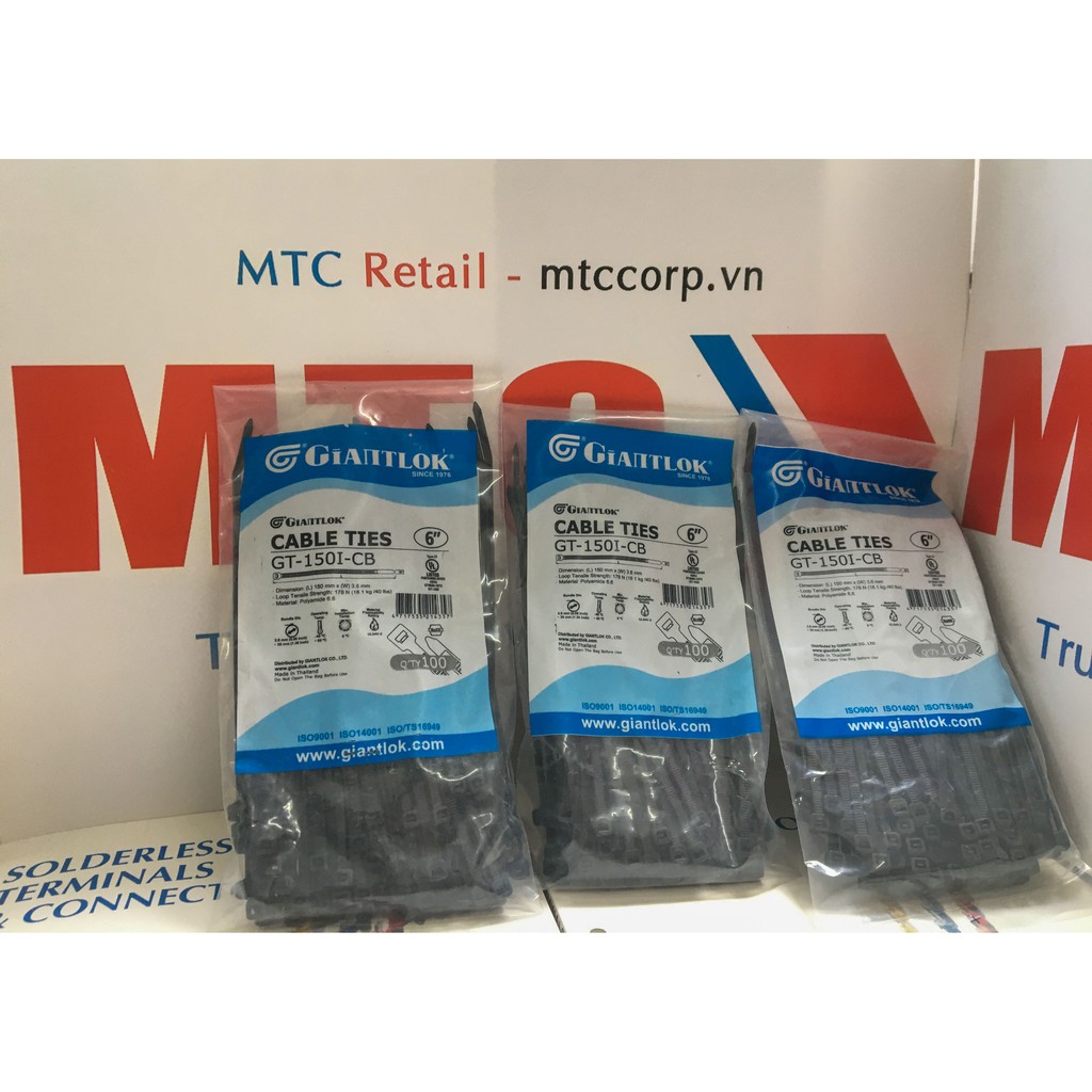 Túi 100 Dây thít, dây rút nhựa màu đen 150×3.6mm cao cấp GT150ICB nhập khẩu Giantlok-Thái Lan