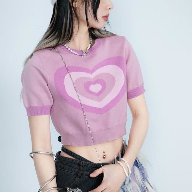 Áo sweater Dệt Kim Tay Ngắn Họa Tiết Trái Tim Thời Trang Mùa Hè Cho Nữ