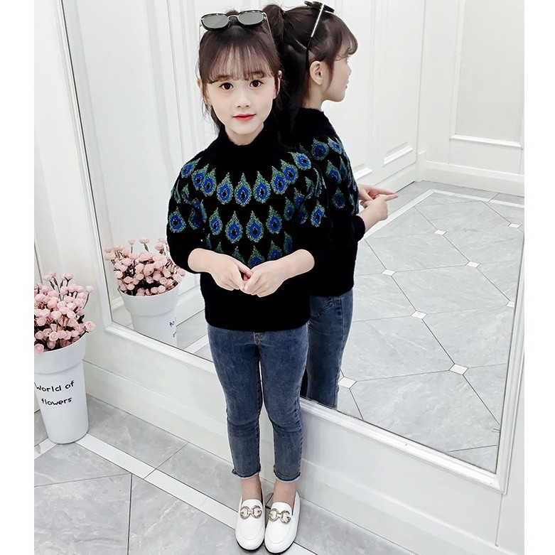 Áo len bé gái lớn họa tiết lông công siêu đáng yêu size 15-40kg [AL16]
