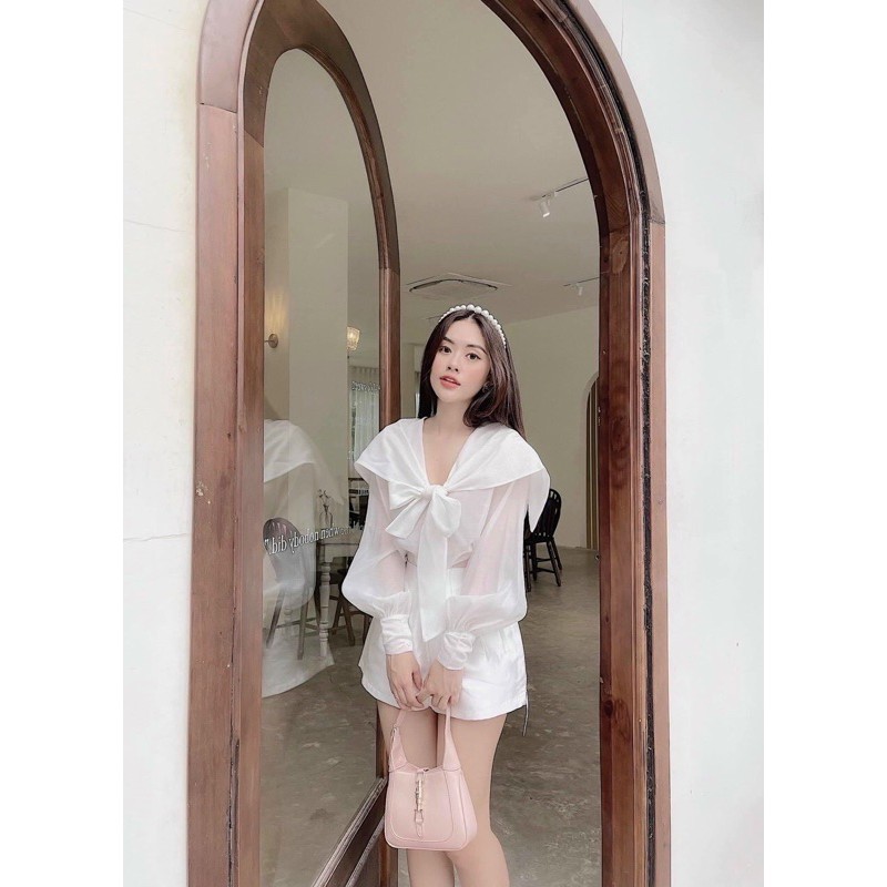 Set áo voan tơ trắng nơ cổ + Short