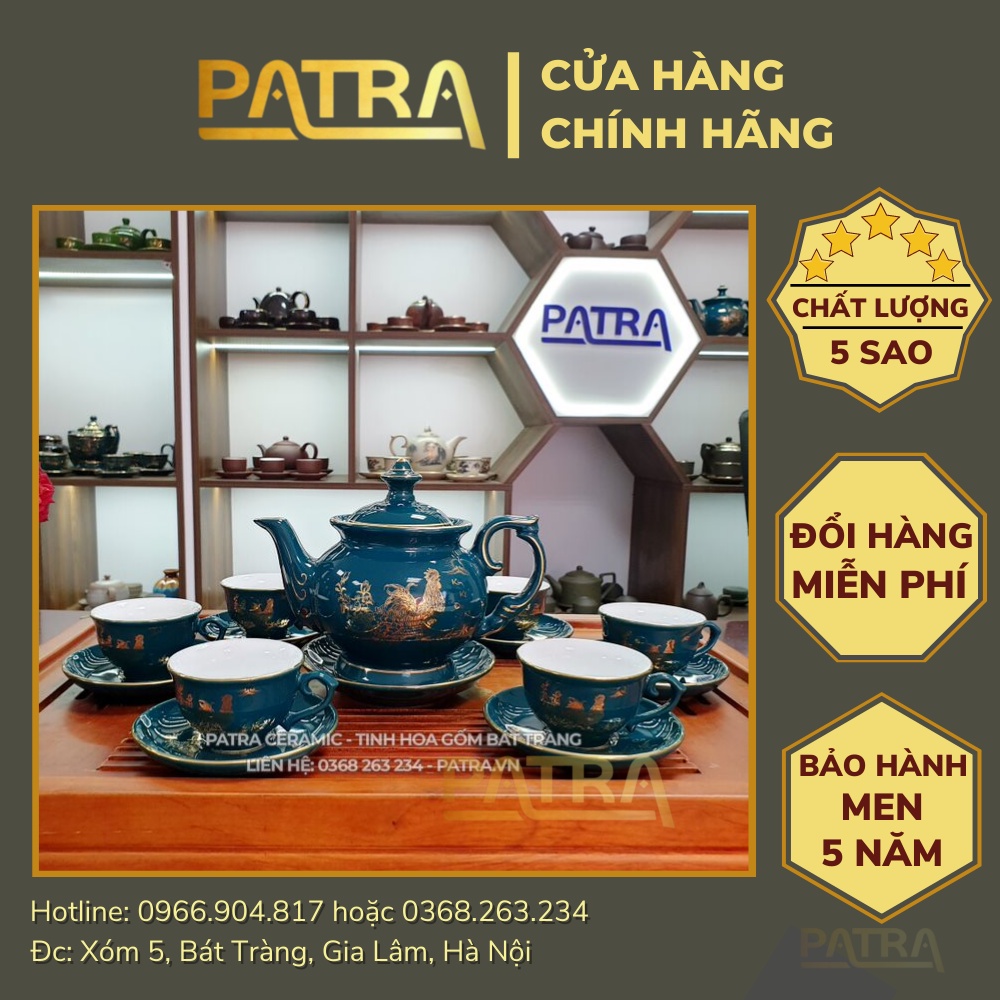 Bộ ấm chén uống trà cao cấp , bộ ấm trà Bát Tràng - kim kê xanh mallard
