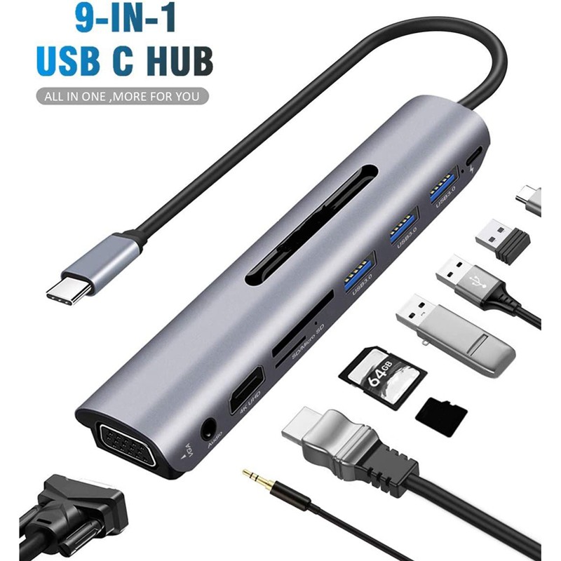 USB C Hub 9 in 1 Multiport Adapter with PD Power Delivery, 4K HDMI Output, 3 USB 3.0 Ports, Card Reader, VGA,Audio Port