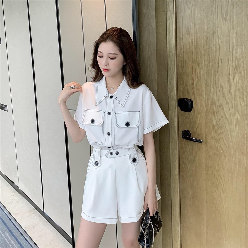Set Áo Thun Ngắn Tay + Quần Short Ống Rộng Phong Cách Phương Tây Hàng Mới Cho Nữ