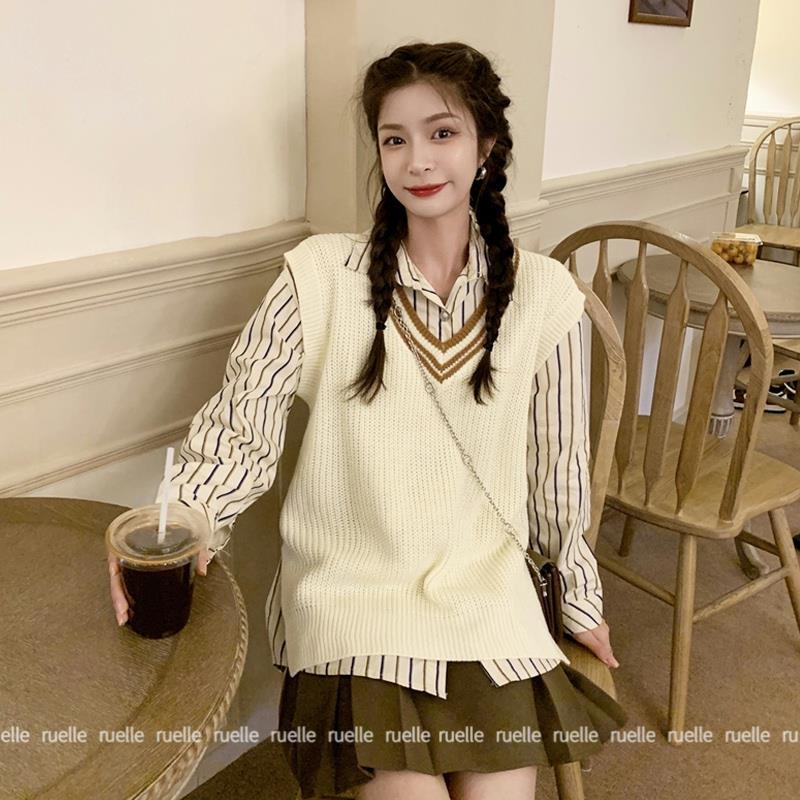 Set Áo Len Không Tay Họa Tiết Kẻ Sọc Kèm Áo Khoác Ngoài Thời Trang Cho Nữ