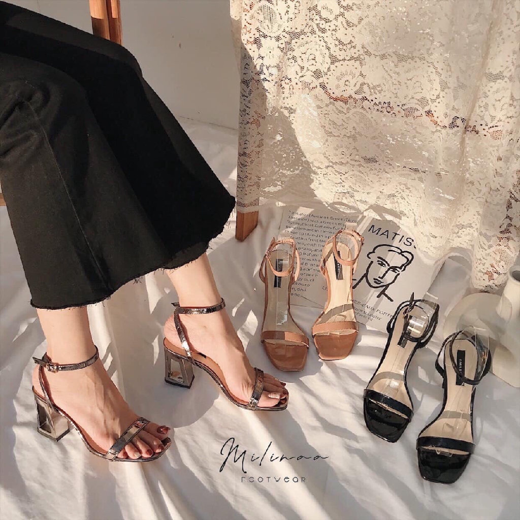 Giày sandal nữ gót lỗ dây mảnh da bóng êm chân siêu hot cao 7p L59