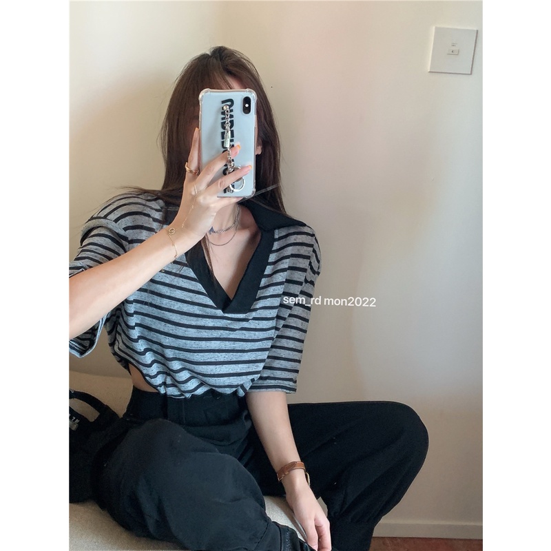 Áo liền quần dệt kim tay ngắn cổ chữ v kẻ sọc thời trang cho nữ | BigBuy360 - bigbuy360.vn