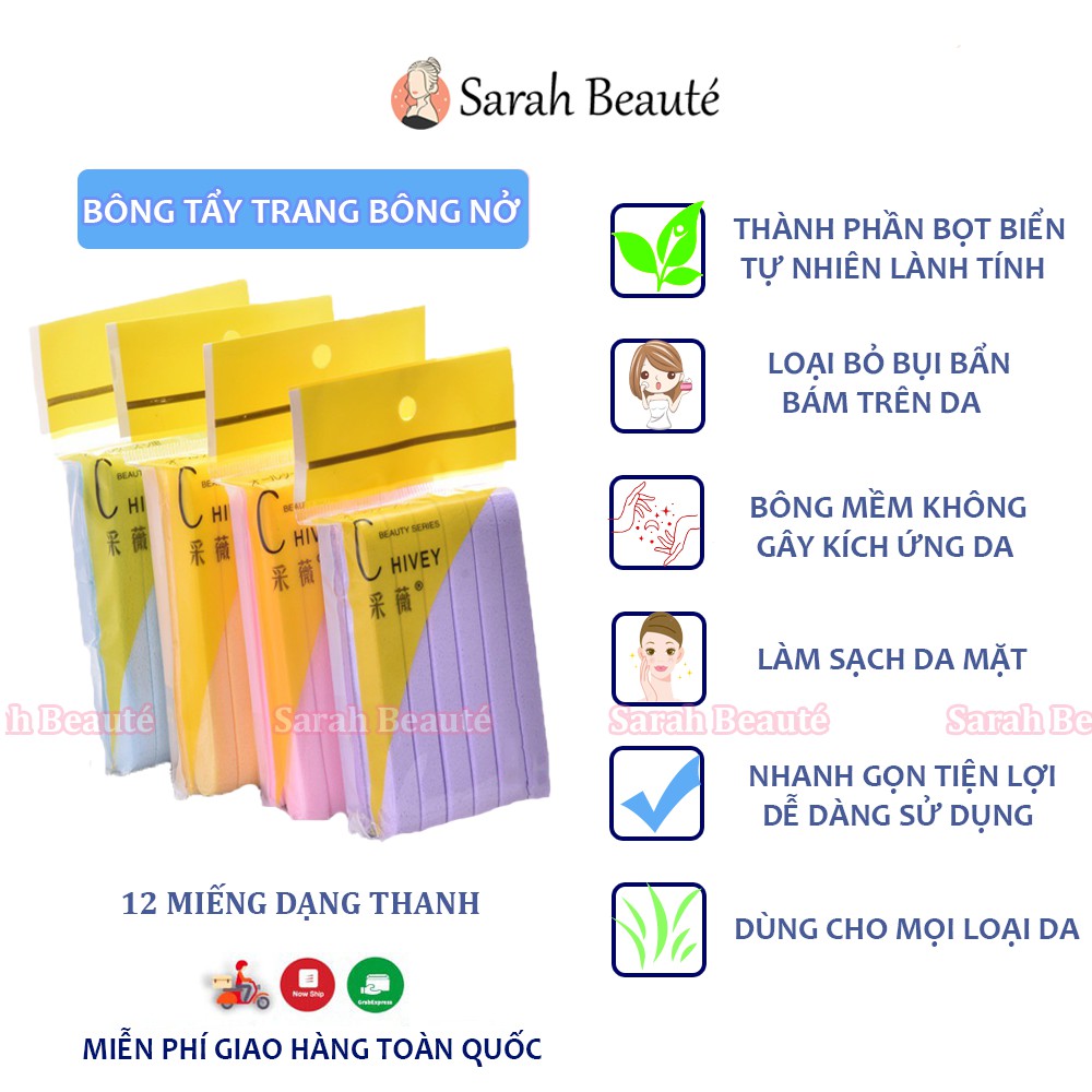 Bọt Biển - Bông Tẩy Trang Chivey 12 miếng Bông Nở Rửa Mặt Bông Mút Rửa Mặt - Sarah Beaute MP18