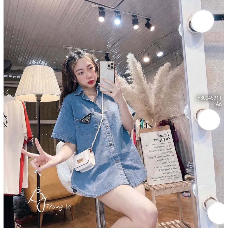 Áo sơ mi jean một túi gắn logo tay ngắn Unisex cá tính, áo khoác sơ mi bò xanh HOT. MET SHOP