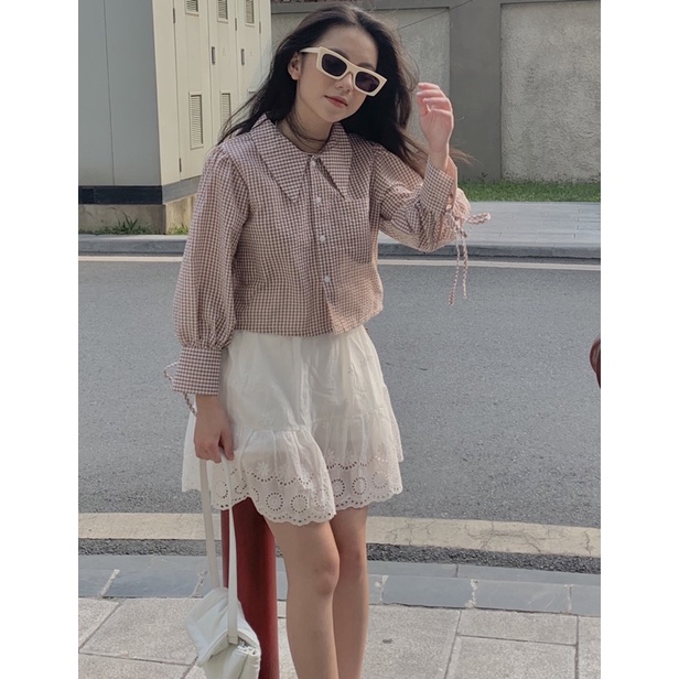Áo sơ mi kiểu vai bồng tay có dây nơ dáng lỡ kẻ caro TKA318 LOLLIE STUDIO | BigBuy360 - bigbuy360.vn