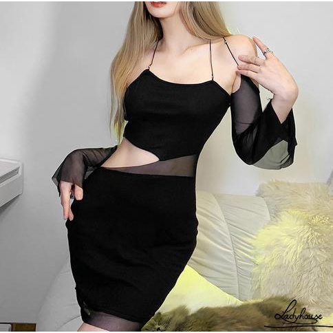 Đầm Ôm Dáng Tay Dài Hở Vai Phối Màu Đen Dành Cho Nữ
