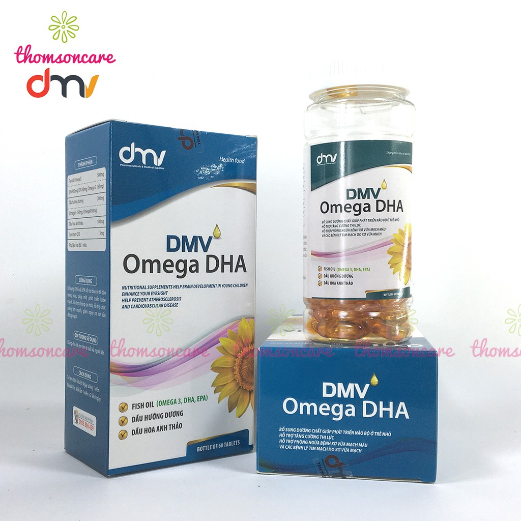 Bổ sung Omega 3 DHA từ dầu cá, và dầu hoa anh thảo - Omega DMV Hộp 60 viên, bổ mắt, tim mạch, ngừa lão hóa