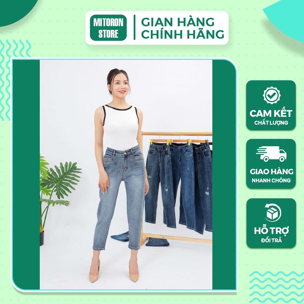 Quần Jean Nữ Baggy Trơn dáng Boy, Co Dãn Có Túi, Xanh Nhạt, Quần Cạp Cao