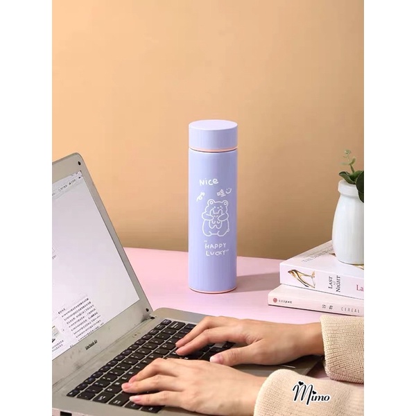 Bình giữ nhiệt cute họa tiết hoạt hình gấu, thỏ, bình inox an toàn chắc chắn dung tích 450ml màu sắc năng động trẻ trung
