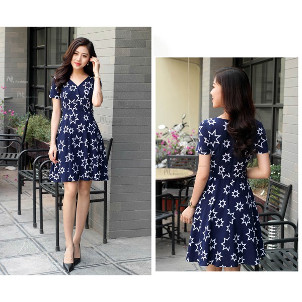 Đầm cổ liền thắt nơ họa tiết ngôi sao V85 | BigBuy360 - bigbuy360.vn